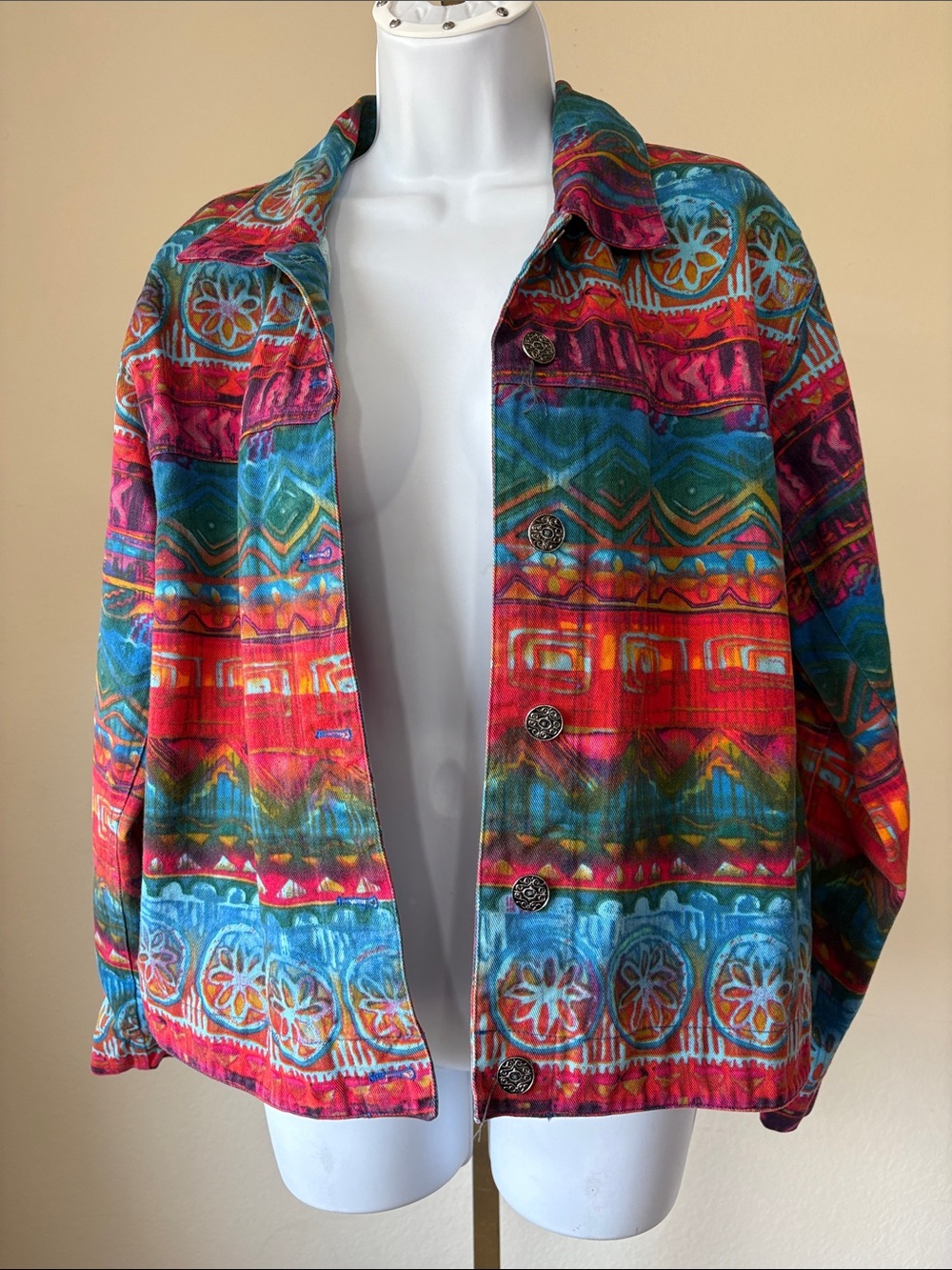 Chico's Multicolor Tribal-Print Jean Jacket - Red, Blue, Green, Pink - Picture 2 of 7